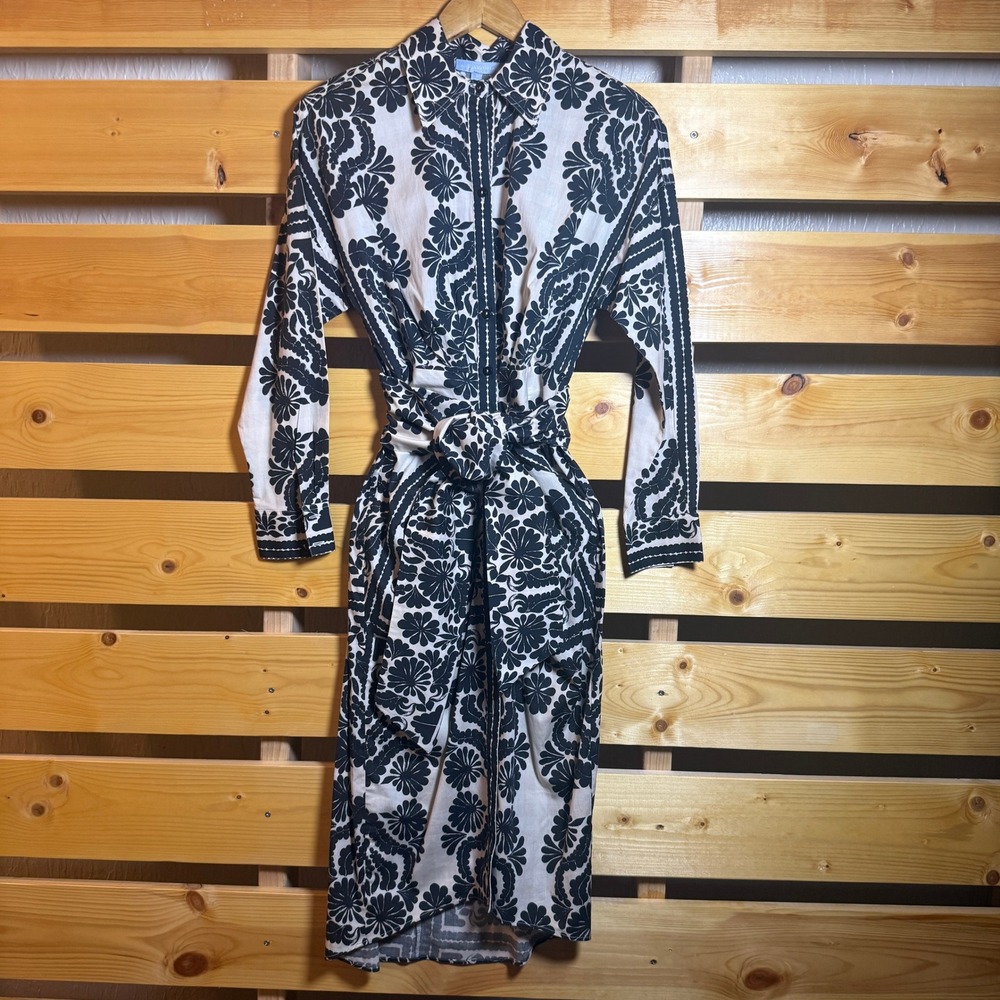 Antonio Melani Shirt Dress Womens 2 Black Cream Floral Damask Long Sleeve Midi